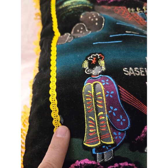 VTG Velvet Japanese Souvenir Pillow With Fringe Map Retro 70's Bohemian - Picture 4 of 9